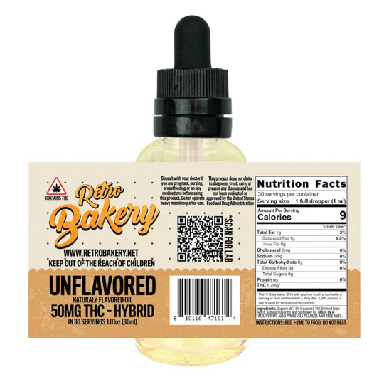 Retro Bakery- 50MG THC EDIBLE OIL - 30 DOSES - UNFLAVORED HYBRID